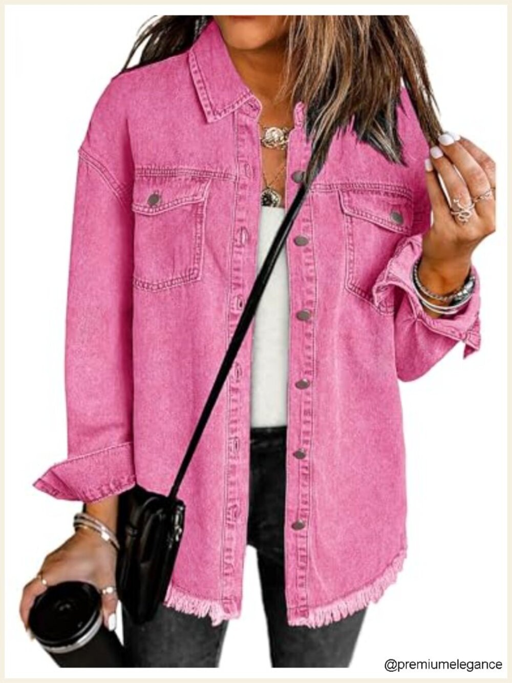 Women's Oversized Denim Jacket Button Down Long Sleeve Frayed Hem Shacket